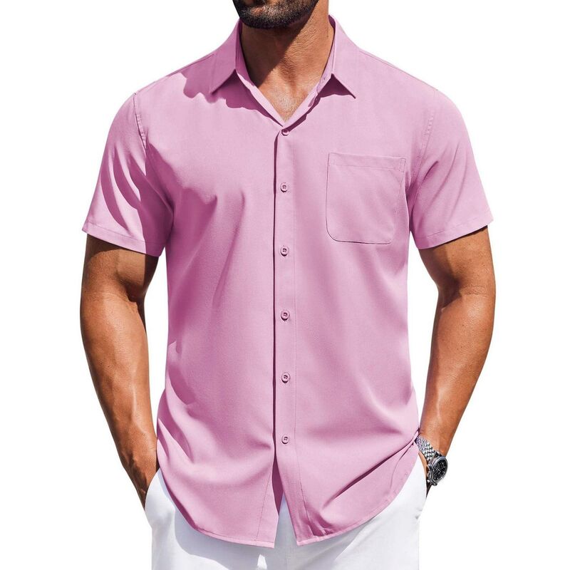 クーファンディ レディース トップス Tシャツ レギュラーフィット ボタンダウン COOFANDY Mensummer Beach Shirt Short Sleeve Button Down Shirts Regular Fit Vacation Beach Shirts Pink ピンク｜ReVida 店