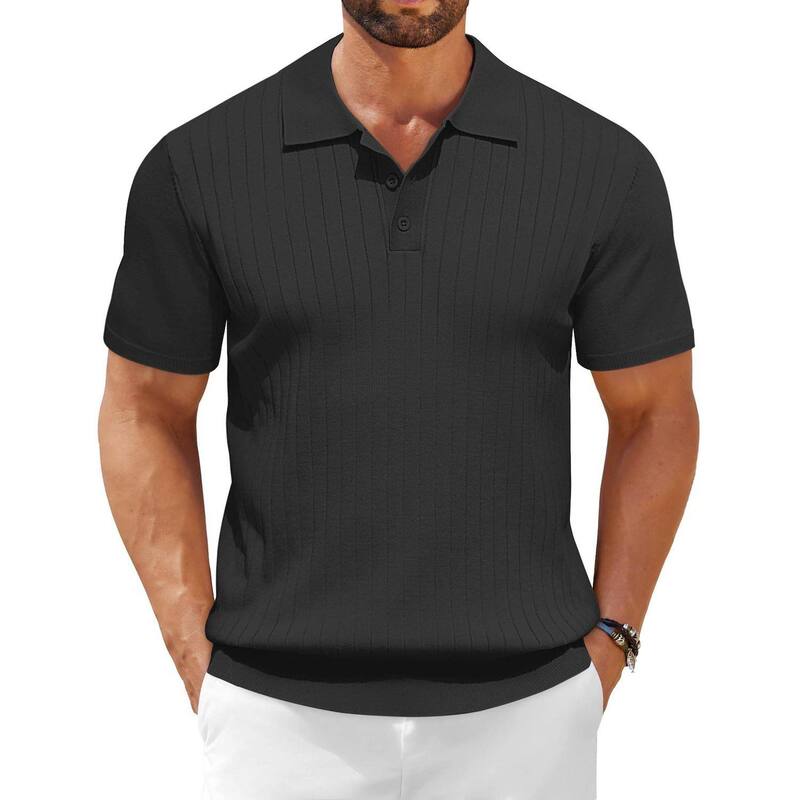 クーファンディ レディース アウター ニット・セーター スリムフィット ポロシャツ COOFANDY Mens Knit Polo Shirtshort Sleeve Golf Textured Polo Shirts Lightweight Slim Fit Shirt Black ブラック｜ReVida 店