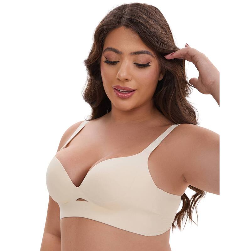 インスパイア シック レディース アンダーウェア ブラジャー Vネック ミニ INSPIRE CHIC Women's Wireless Deep V-Neck Push Up Minimizers Adjustable Spaghetti Straps No Show Soft Bras Light Beige ベージュ｜ReVida 店