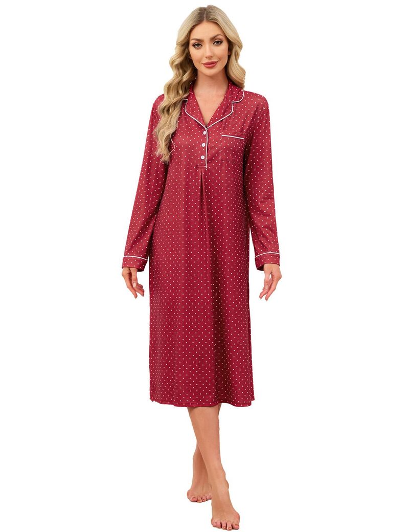 ファンジュライ レディース アンダーウェア ナイトウェア FUNJULY Women's Nightgown Long Sleeve Sleepwear Pajamas Dark Red レッド|ReVida 店