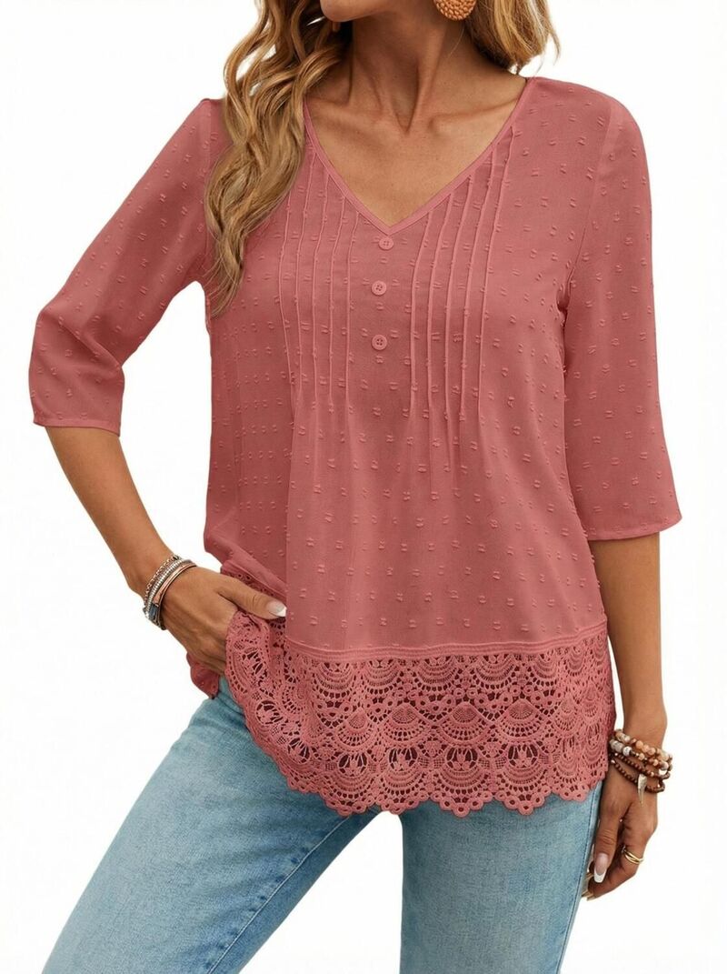 エリートチョイス レディース トップス シャツ Vネック ブラウス レース Elitechoice Women'short Sleeve V-Neck Blouse with Delicate Lacembroidery Pink ピンク｜ReVida 店