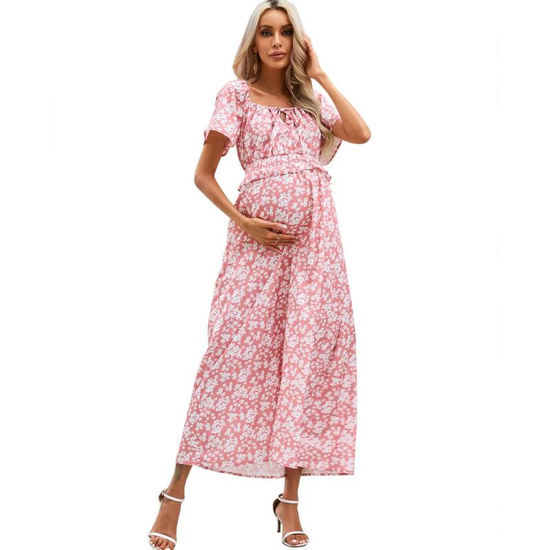 セオリア レディース トップス ワンピース フラワー柄 プリント マタニティ フラワー Seoria Women's Maternity Square Neck Short Sleeve Boho Floral Printie Front Long Dress Pink Floral ピンク｜ReVida 店