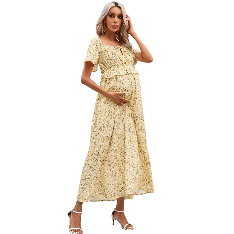 セオリア レディース トップス ワンピース フラワー柄 プリント マタニティ フラワー Seoria Women's Maternity Square Neck Short Sleeve Boho Floral Printie Front Long Dress Yellow Floral イエロー｜ReVida 店