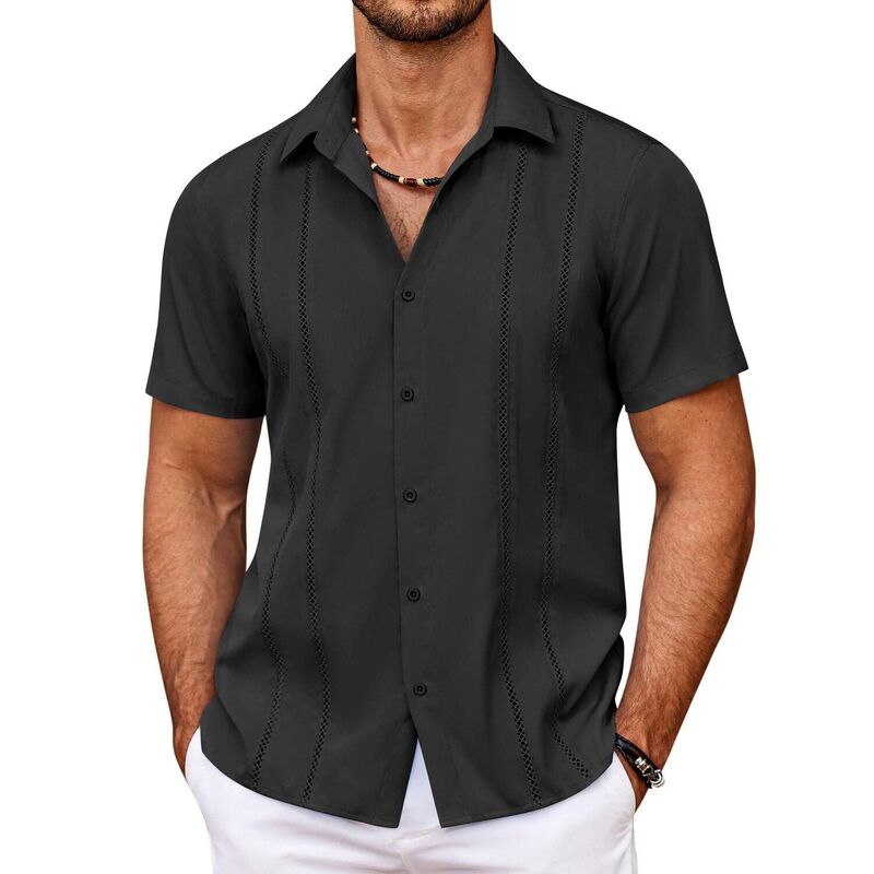 クーファンディ レディース トップス Tシャツ ボタンダウン COOFANDY Men' Cuban Guayabera Shirt Summer Beach Vacation Shirt Casual Short Sleeve Button Down Black ブラック｜ReVida 店 8,626円