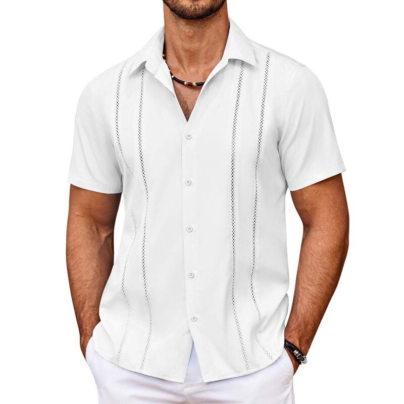 クーファンディ レディース トップス Tシャツ ボタンダウン COOFANDY Men' Cuban Guayabera Shirt Summer Beach Vacation Shirt Casual Short Sleeve Button Down White ホワイト|ReVida 店