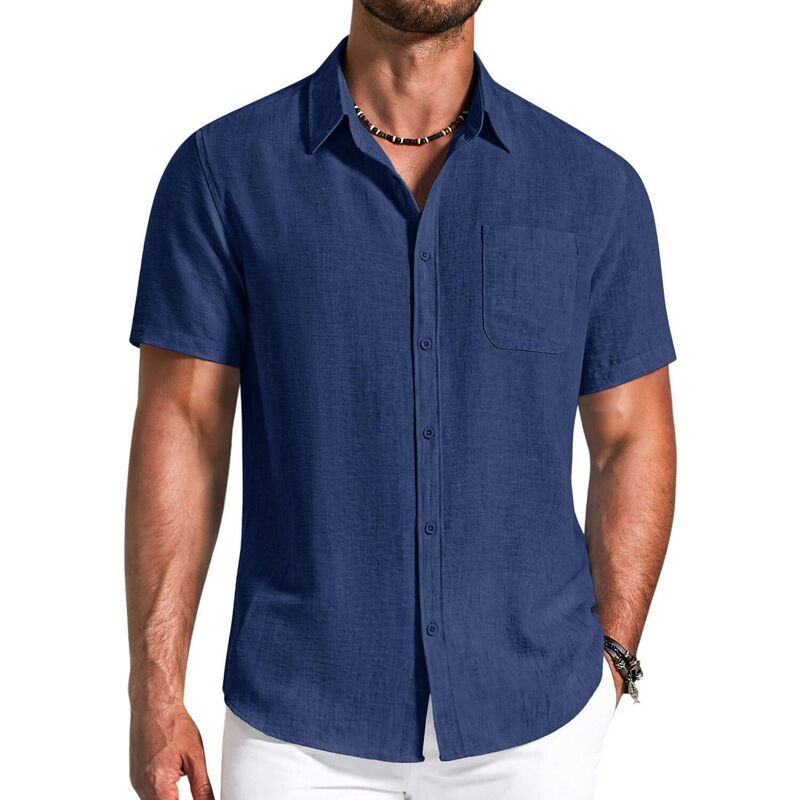 クーファンディ レディース トップス Tシャツ ボタンダウン COOFANDY Men' Button Down Shirtshort Sleeve Casual Shirt Summer Beach Textured Shirts Navy Blue ネイビー｜ReVida 店 8,745円