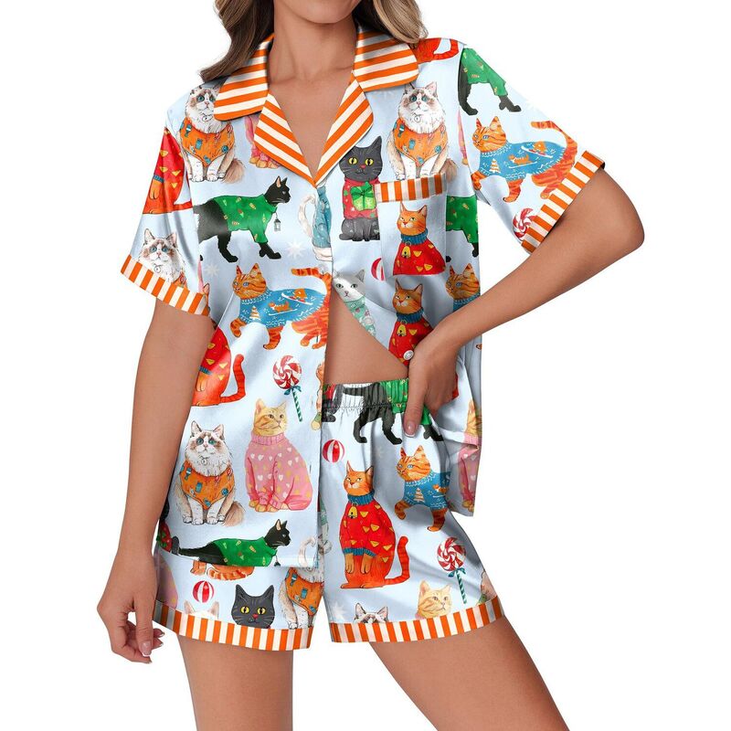 エコアー レディース アンダーウェア ナイトウェア ボタンダウン Ekouaer Womens Pajamaset Button Down Short Sleeve Lounge Set 2 Piece Blue Cat ブルー｜ReVida 店