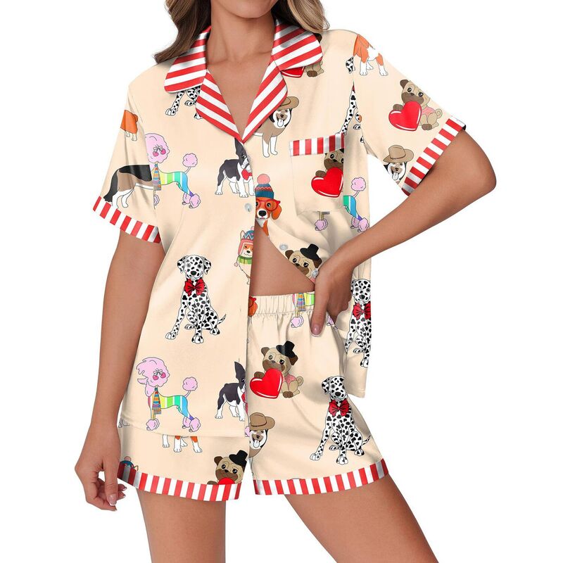 エコアー レディース アンダーウェア ナイトウェア ボタンダウン Ekouaer Womens Pajamaset Button Down Short Sleeve Lounge Set 2 Piece Colored Puppy｜ReVida 店 8,745円