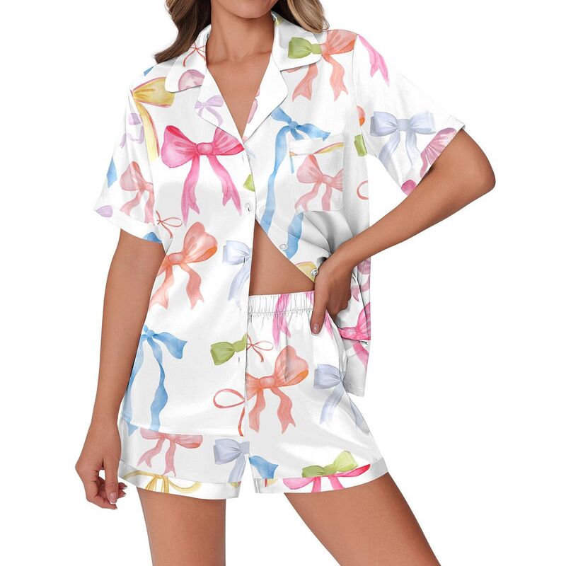 エコアー レディース アンダーウェア ナイトウェア ボタンダウン Ekouaer Womens Pajamaset Button Down Short Sleeve Lounge Set 2 Piece White Bow ホワイト｜ReVida 店