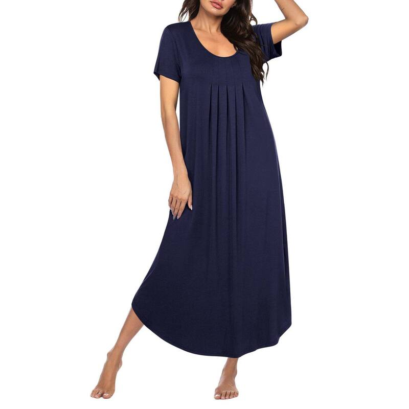 エコアー レディース アンダーウェア ナイトウェア プリーツ シャツ Ekouaer Long Nightgowns for Women Soft House Dress Pleated Front Nightshirt Fullength Loungwear Navy Blue ネイビー｜ReVida 店