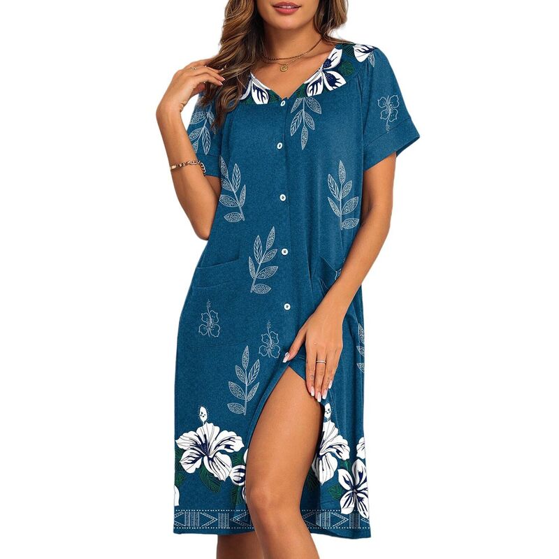 エコアー レディース アンダーウェア ナイトウェア ボタンダウン フラワー柄 プリント ダウン フラワー Ekouaer House Dresses for Women with Pockets Button Downightgowns Dresses Floral Print Blue Flower ブルー|ReVida 店