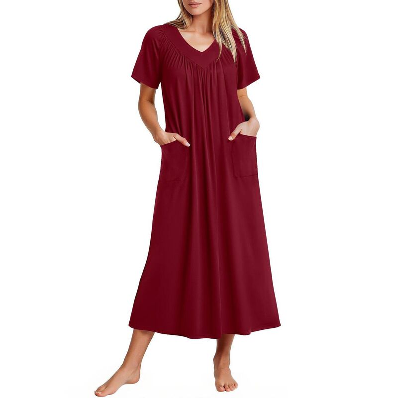 エコアー レディース アンダーウェア ナイトウェア マキシワンピース プリント マキシ Ekouaer Long Nightgowns for Women Soft House Dress Flower Print Maxi Dress Wine Red レッド|ReVida 店