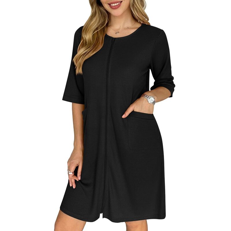 エコアー レディース アンダーウェア ナイトウェア ひざ丈 コート Ekouaer Zip Up Robes for Women Short Waffle Bathrobe Lightweight Knee Lengthousecoat with Pockets Black ブラック｜ReVida 店
