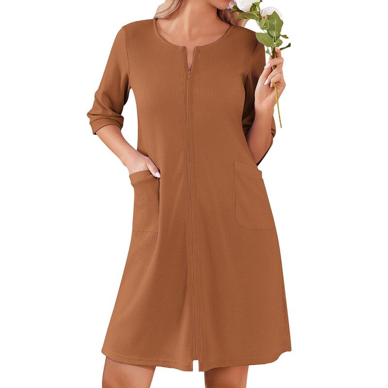 エコアー レディース アンダーウェア ナイトウェア ひざ丈 コート Ekouaer Zip Up Robes for Women Short Waffle Bathrobe Lightweight Knee Lengthousecoat with Pockets Deep Khaki カーキ｜ReVida 店