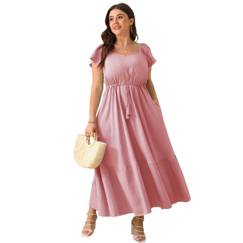 イエスファッション レディース トップス ワンピース ハイウエスト プラスサイズ フリル マキシ Yesfashion Women Plusize Boho Short Sleeves High Waist Ruffle Casual Maxi Dress with Pockets Pink ピンク｜ReVida 店