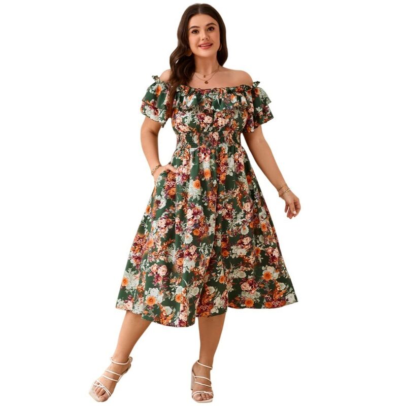 イエスファッション レディース トップス ワンピース フラワー柄 プラスサイズ フリル フラワー Yesfashion Women's Plusize Off The Shoulde Puff Sleeves Ruffle Floral Cocktail Party Sundress Dark Green グリーン|ReVida 店
