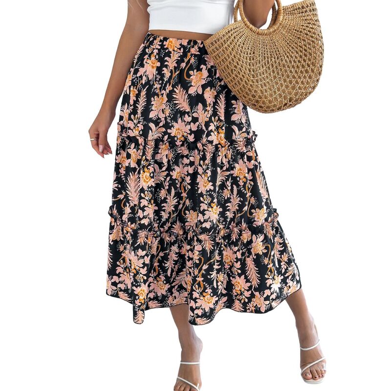 エリート肝ったま レディース 下つ方スコート ティアード A 生産ライン 御花柄 フラウンス MIDI 御花 EliteSpirit Long Skirts for Women Boho Floral Flowy Tiered Ruffle A Linelastic Waist Summer Midi Skirts Black 黒いこと