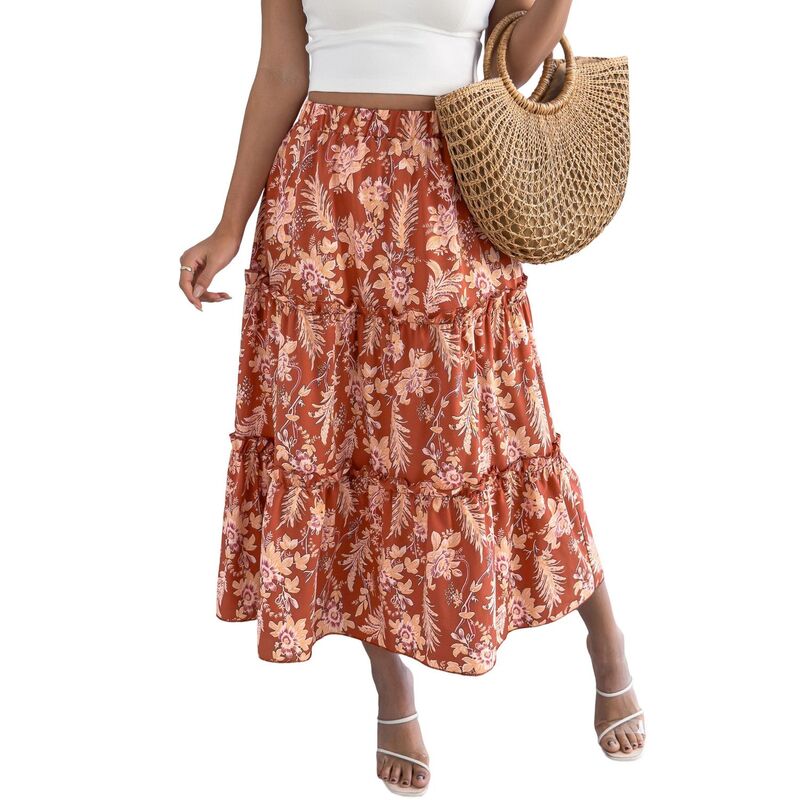 エリート肝ったま レディース 下つ方スコート ティアード A 生産ライン 御花柄 フラウンス MIDI 御花 EliteSpirit Long Skirts for Women Boho Floral Flowy Tiered Ruffle A Linelastic Waist Summer Midi Skirts Orange オレンジ色