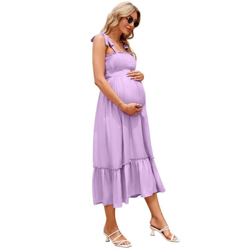 イエスファッション レディース トップス ワンピース フリル ミディ ノースリーブ シャーリング マタニティ Yesfashion Women's Maternity Sleevelesstrap Smocked Boho Ruffle Camidi Dress Light Purple パープル｜ReVida 店
