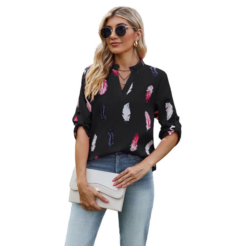 イエスファッション レディース トップス シャツ フリル裾 Vネック シフォン フリル ブラウス Yesfashion Womens Blouse 3/4 Cuffed Sleeve Chiffon Blouses Ruffle Hem V Neck Mock Shirts Dressy Casual Tops Black Fly ブラック|ReVida 店