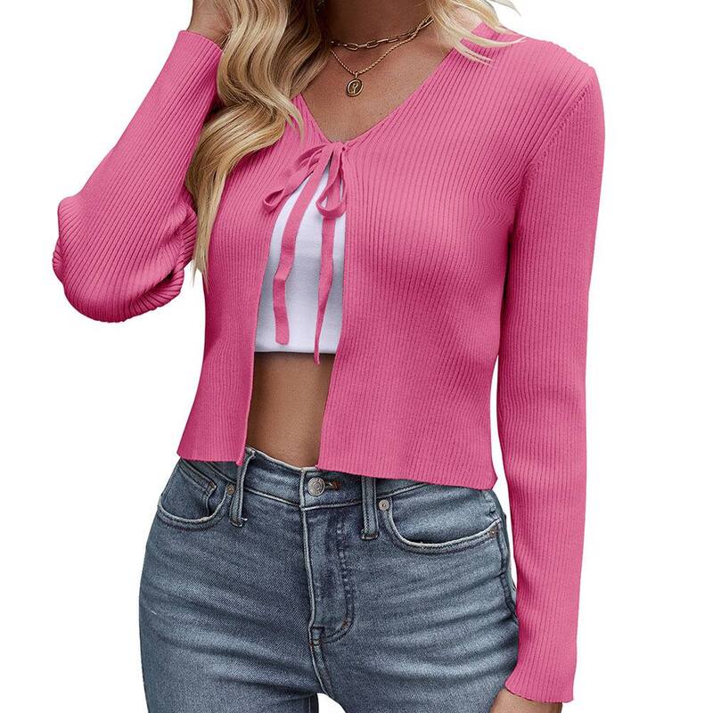 クリアフラワー レディース アウター ニット・セーター カーディガン クロップド ClearFlower Women's Knit Cardigan Long Sleeve Tie Front Cropped Cardigan Light Rose｜ReVida 店