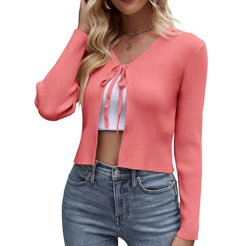 クリアフラワー レディース アウター ニット・セーター カーディガン クロップド ClearFlower Women's Knit Cardigan Long Sleeve Tie Front Cropped Cardigan Pink Orange ピンク｜ReVida 店 8,380円