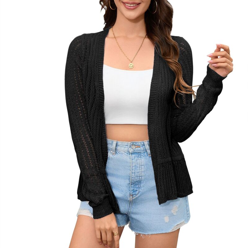 クリアフラワー レディース アウター ニット・セーター フリル カーディガン ClearFlower Women's Long Sleeves Crochet Hollow Out Cardigan Sweater Knit Ruffled Hem Open Front Shrugs Black ブラック｜ReVida 店