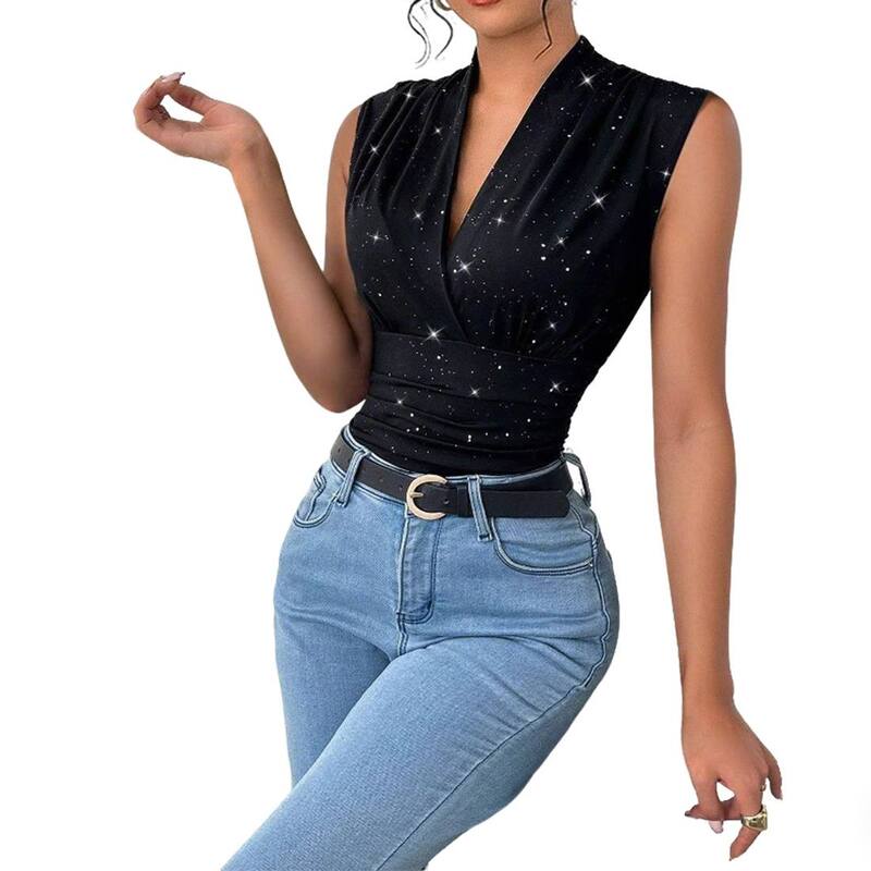 クリアフラワー レディース トップス Tシャツ Vネック ギャザー ノースリーブ ClearFlower Womens V neck Sleeveless Wrap Front Ruched Waist Sparkle Pattern Fitted Top Black ブラック｜ReVida 店