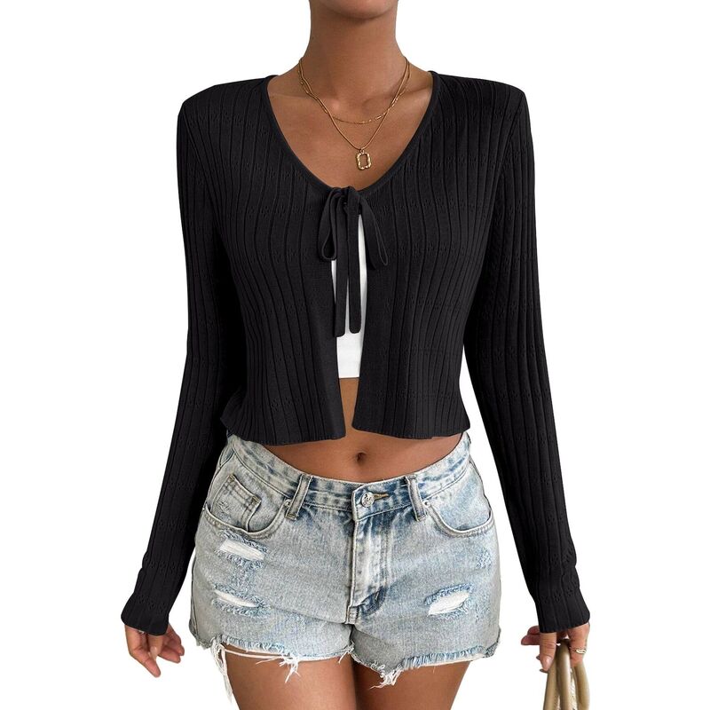 セオリア レディース アウター ニット・セーター カーディガン クロップド Seoria Women's Long Sleeve Knit Cropped Cardigan Tie Up Shrug Top Black ブラック|ReVida 店
