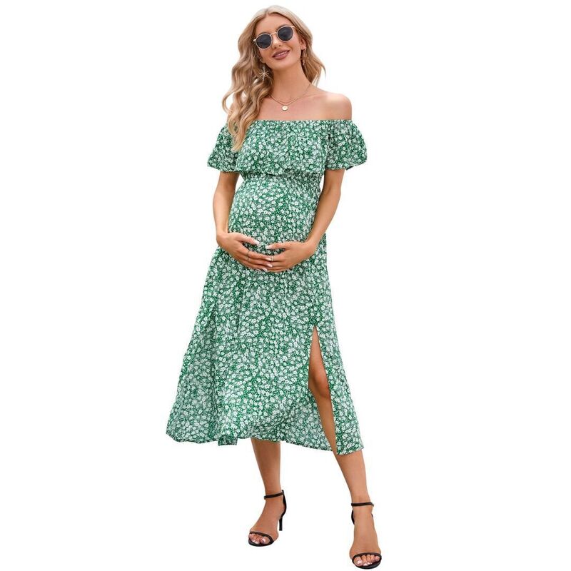 イエスファッション レディース トップス ワンピース A ライン フラワー柄 マタニティ マキシ フラワー Yesfashion Women's Maternity Summer Floral Dress Off Shoulder Split A Line Casual Maxi Casual Dresses Green グリーン|ReVida 店