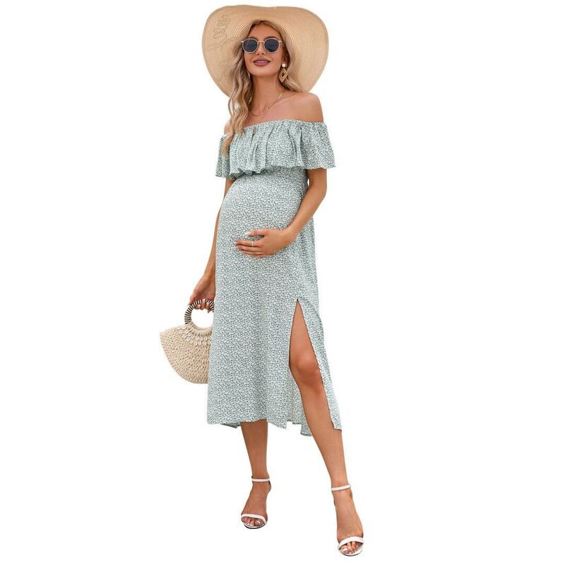 イエスファッション レディース トップス ワンピース A ライン フラワー柄 マタニティ マキシ フラワー Yesfashion Women's Maternity Summer Floral Dress Off Shoulder Split A Line Casual Maxi Casual Dresses Light Green Floral グリーン|ReVida 店