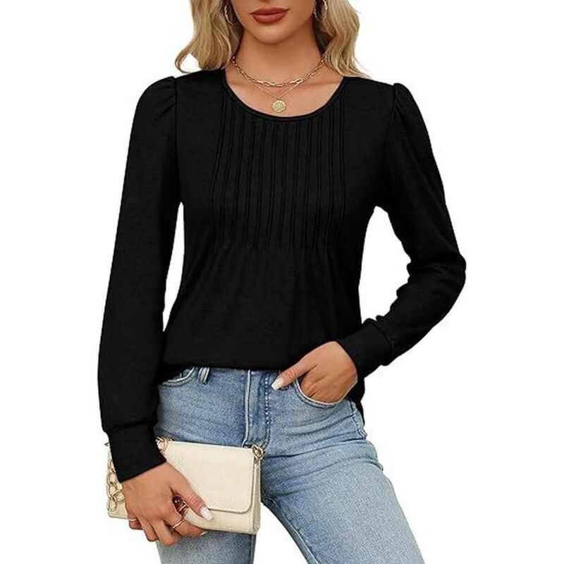 イエスファッション レディース トップス シャツ プリーツ ブラウス Yesfashion Women Long Sleeve Shirts Dressy Casual Blouses Pleated Scooped Neck Tunic Fall Tops Black ブラック|ReVida 店