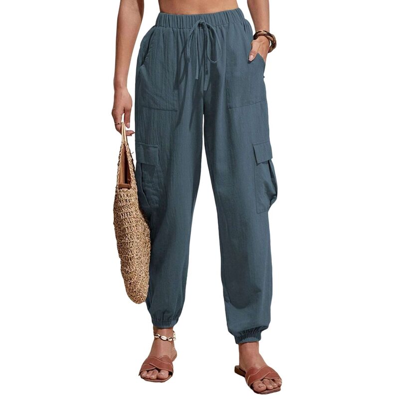 セオリア レディース ボトムス カジュアルパンツ ワイドレッグ カーゴパンツ ハイウエスト Seoria Women's Cargo Pants High Waist Drawstring Casualoose Wide Leg Pants with Pockets Denim Blue デニム|ReVida 店
