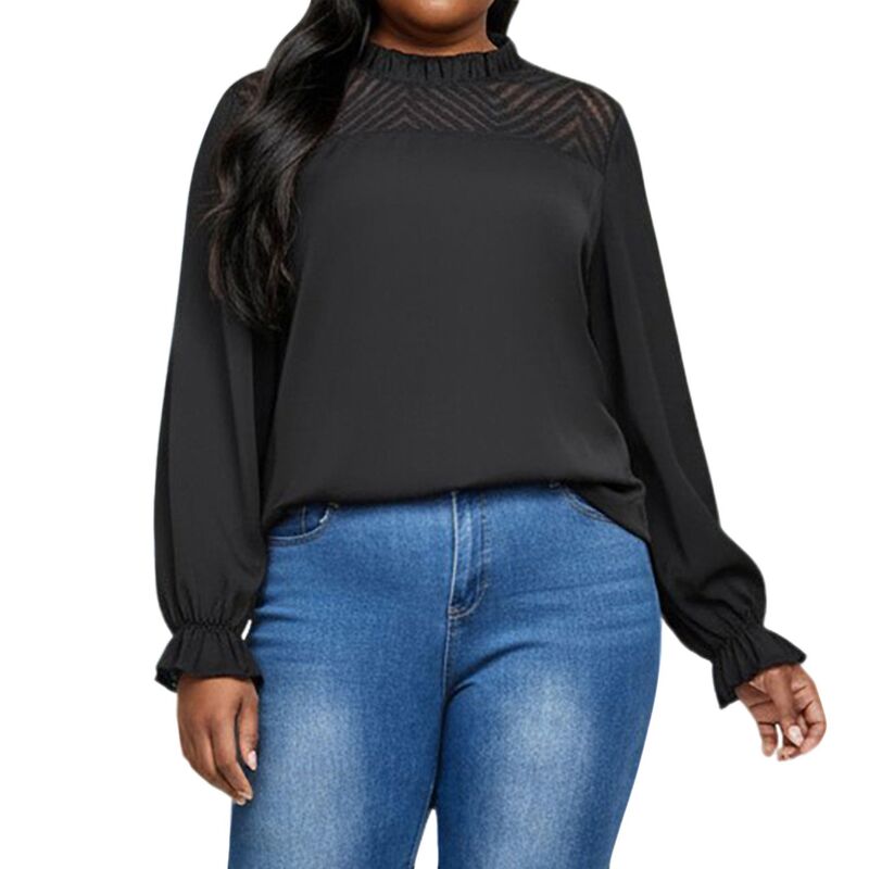 アンナカシ レディース トップス プルオーバー ハイネック 足し加える大きさ シアー トップ Anna-Kaci Women\u0027s Plusize Long Sleeve High Neck Pullover Blouse with Textured Sheer Yoke and Gathered Cuffs Black 黒いこと