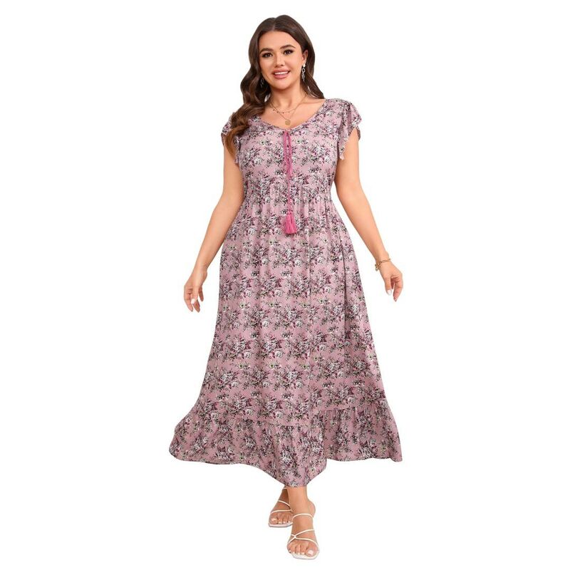イエスファッション レディース トップス ワンピース フラワー柄 プラスサイズ マキシ フラワー Yesfashion Women's Plusize Maxi Dresshort Sleeve Boho Baggy Dresses Floral Flowy Dresses with Pockets Pink ピンク｜ReVida 店