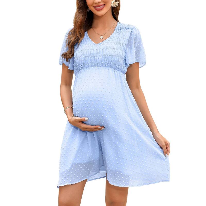セオリア レディース トップス ワンピース Vネック ミニ マタニティ Seoria Womenswiss Dot Maternity Mini Dresspring Summer V Neck Short Sleeve Babydoll Dress Blue ブルー｜ReVida 店