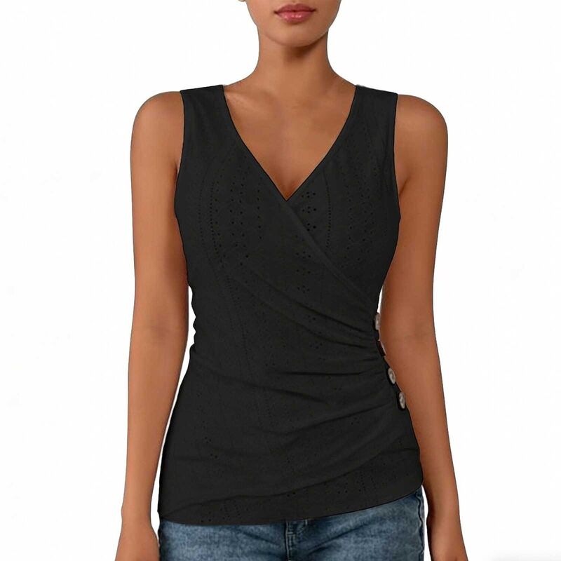 エリートスピリット レディース トップス Tシャツ Vネック ギャザー ノースリーブ 刺繍 ブラウス EliteSpirit Women'sleeveless V Neck Blouse Ruched Wrap Fit Eyelet Embroidered Top Black ブラック|ReVida 店