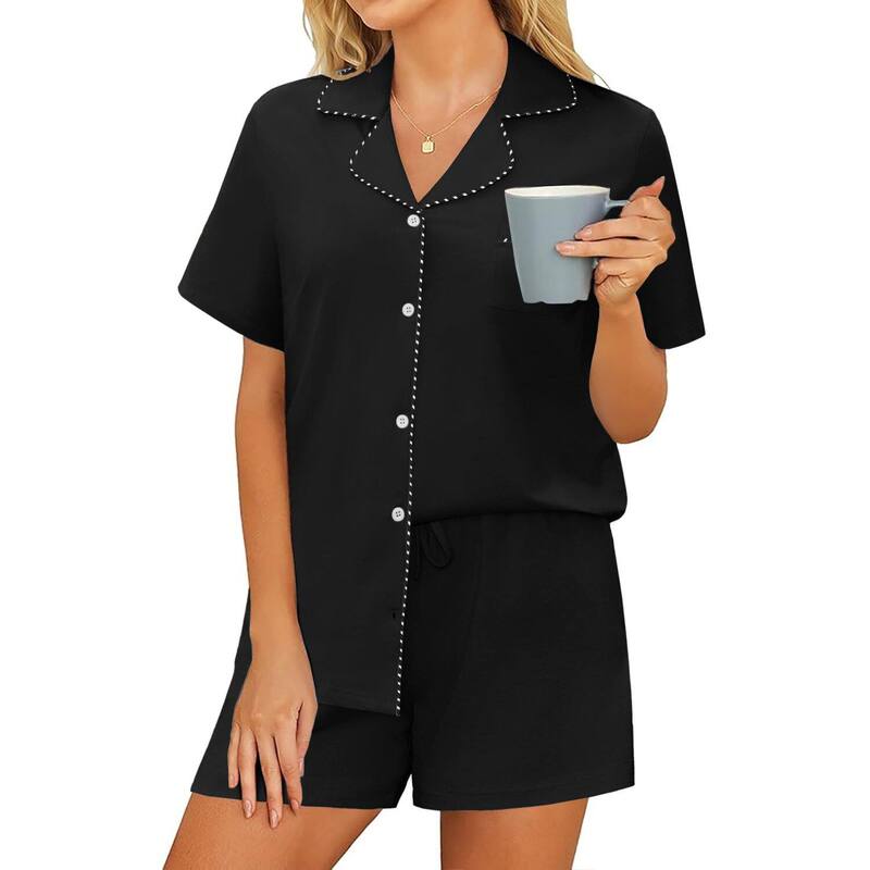 エコアー レディース アンダーウェア ナイトウェア ボタンダウン Ekouaer Pajamas for Women Set Button Down Pjs Lounge Setshort Sleeve Sleepwear Soft Loungewear Black ブラック|ReVida 店