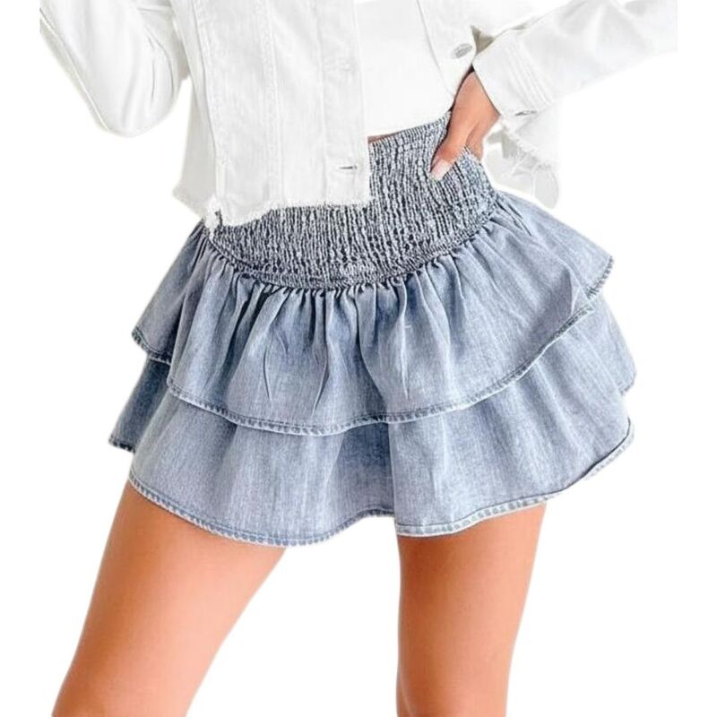 救い主流行り物 レディース 下つ方スコート ティアード A 生産ライン フラウンス ミニ ジーンズ Yesfashion Women\u0027s Ruffle Denim Skirts Drop Lowaist A Line Casual Tiered Layer Hemini Jean Skirt Blue 青色