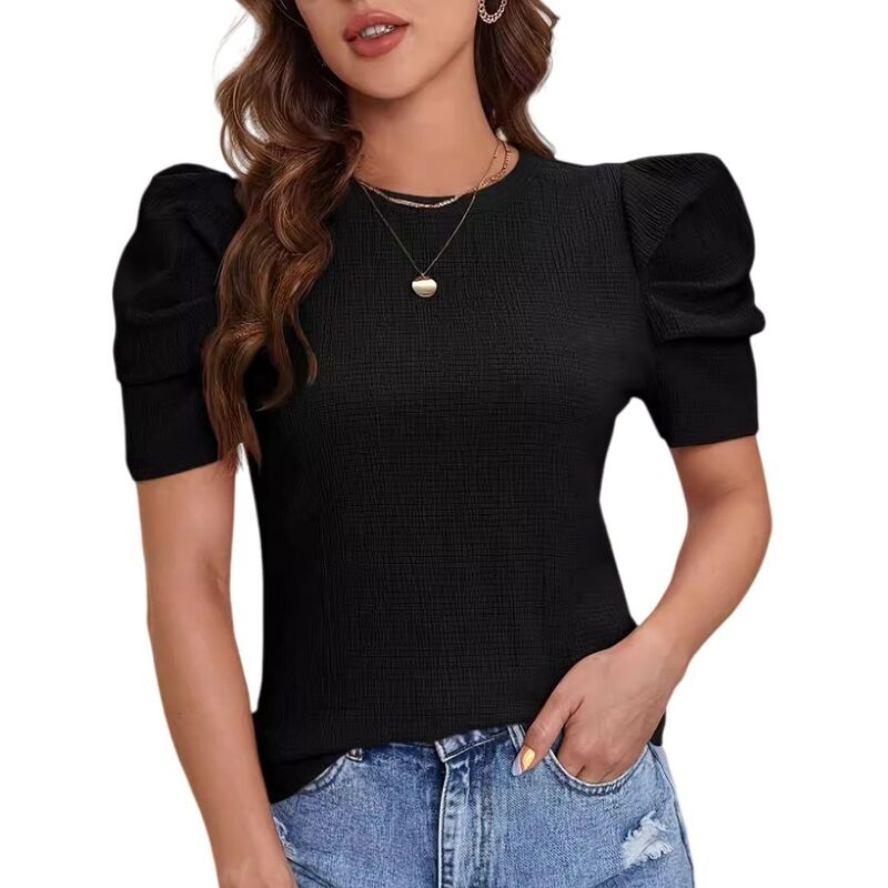 上半身大きさ レディース トップス プルオーバー 労働者の一団のど首 編み物 BODDYSIZE Women Puff Shortrendy Business Casual Outfits Knit Crewneck Shirt Black 黒いこと