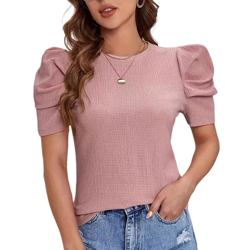 上半身大きさ レディース トップス プルオーバー 労働者の一団のど首 編み物 BODDYSIZE Women Puff Shortrendy Business Casual Outfits Knit Crewneck Shirt Light Pink サクラ色