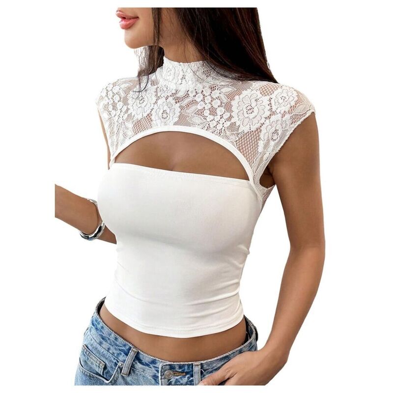 上半身大きさ レディース トップス プルオーバー カットアウト メッシュ シアー ノースリーブ スピード競技 BODDYSIZE Woman Tank Top Cutout Lace Top Sheer Mesh Sleeveless Y2K Going Out Crop Tops White 白いこと