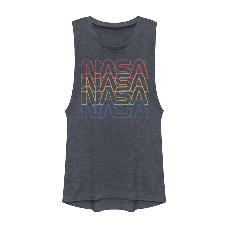アニメ文字記号 レディース トップス プルオーバー ロゴタイプ Licensed Character Juniors\u0027 NASA Repeating Rainbow Logo Muscle Tank Top Denim Heather ギョリュウモドキ