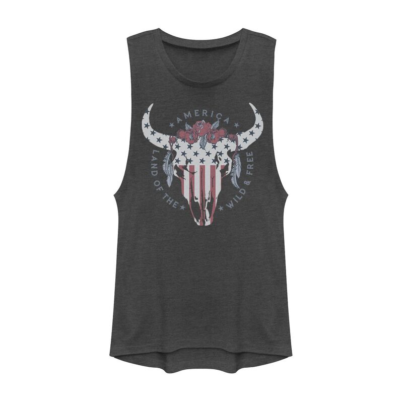 アンブランデッド レディース トップス プルオーバー Unbranded Juniors\u0027 \"Land of The Wild \u0026 Free\"" Bull Skull Muscle Tank Top Charcoal 濃灰色"