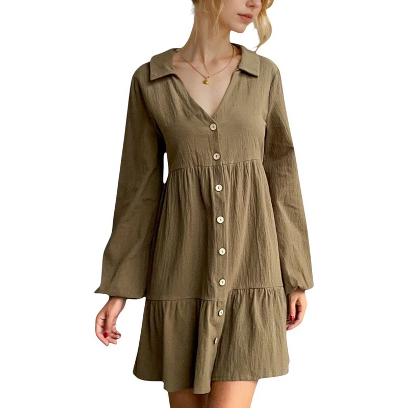 アンナカシ レディース トップス 衣装 ティアード ミニ 落ちこむ Anna-Kaci Women\u0027s Collared Button-Down Tiered Mini Dress with Long Sleeves Olive Green 緑であること