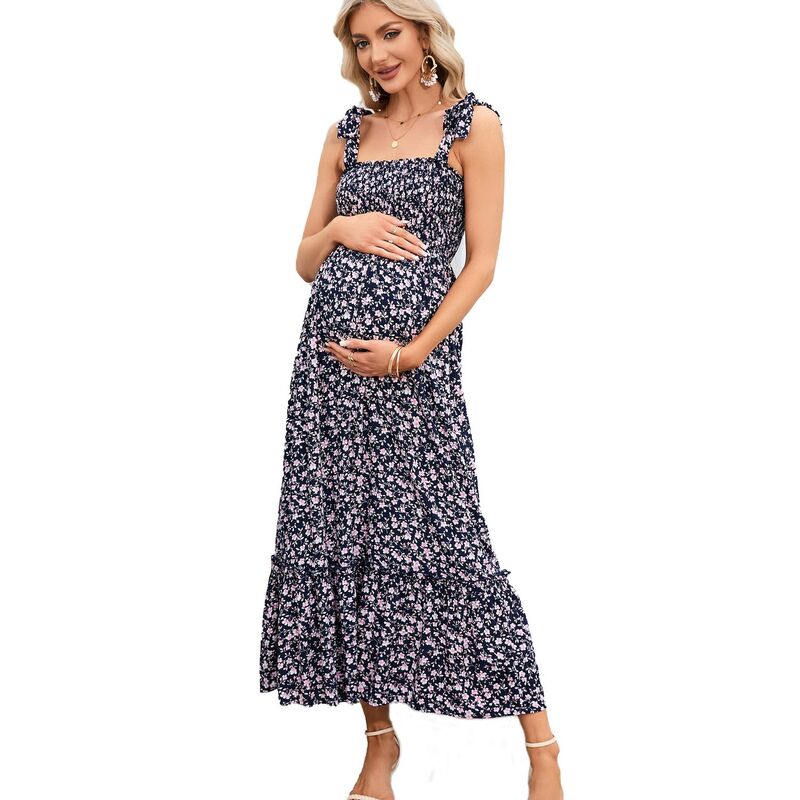救い主流行り物 レディース トップス 衣装 ノースリーブ シャーリング マタニティ マキシ Yesfashion Smocked Maternity Dressummer Casual Spaghetti Strap Sleeveless Maxi Dress Baby Shower Photoshoot Navy Blue Floral 米国海軍