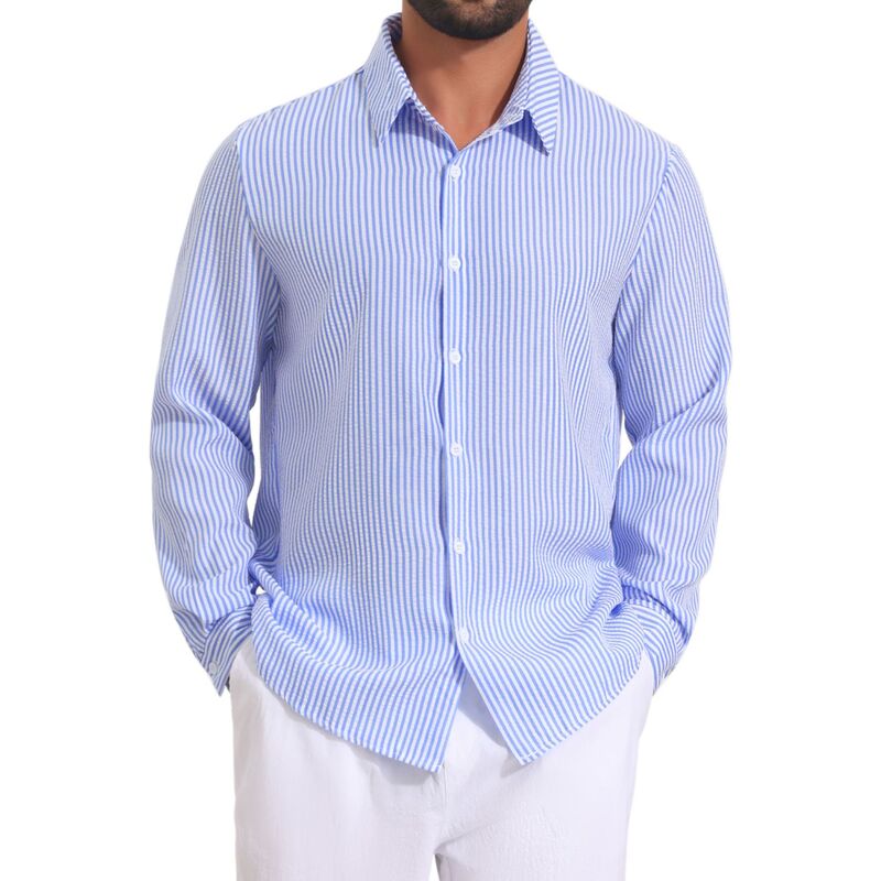 インスパイア シック レディース トップス Tシャツ ボタンダウン INSPIRE CHIC Men'seersucker Dresshirts Long Sleeve Button Down Textured Striped Shirts Blue ブルー|ReVida 店