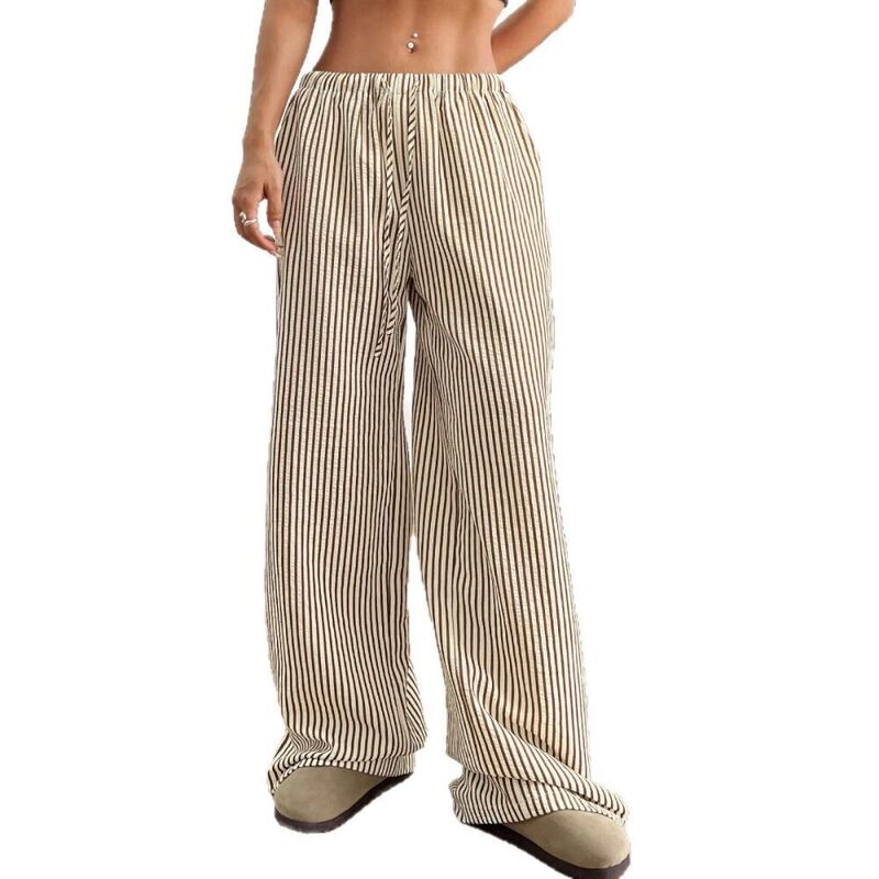 イエスファッション レディース ボトムス カジュアルパンツ ワイドレッグ ギンガムチェック ギンガム Yesfashion Womenstriped Gingham Pants Pajama Drawstring Wide Leg Cute Casualounge Plaid Pants with Pockets Khaki Stripe カーキ｜ReVida 店