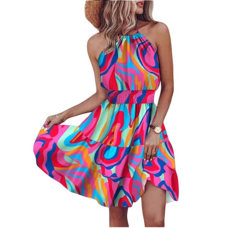 救い主流行り物 レディース トップス 衣装 御花柄 刷り上げる ノースリーブ 御花 ホルター Yesfashion Women Sleeveless Halter Neck Dresses Casual Floral Print Dressun Dresses for Party Beach Vacation Pink サクラ色