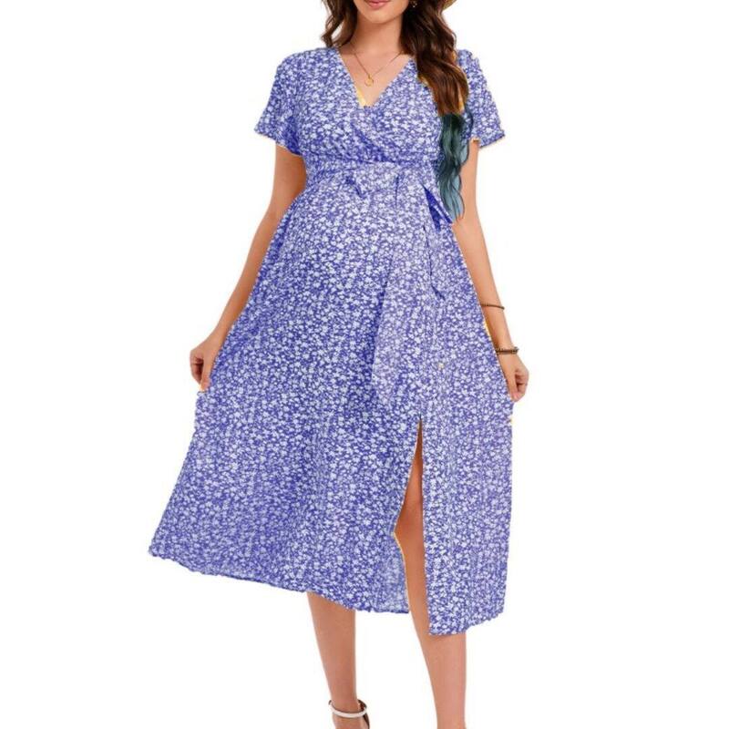 救い主流行り物 レディース トップス 衣装 Vのど首 フラウンス MIDI マタニティ Yesfashion Maternity Midi Dress V Neck Short Sleeve High Low Split Ruffle Pregnancy Dress with Belt Blue 青色